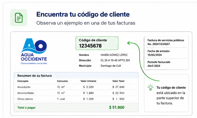 Ejemplo de factura de Aqua Occidente que indica que el código de cliente está ubicado en la parte superior